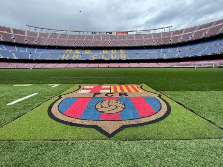 View of the pitch and stands at Camp Nou Stadium, home of FC Barcelona, in Spain.