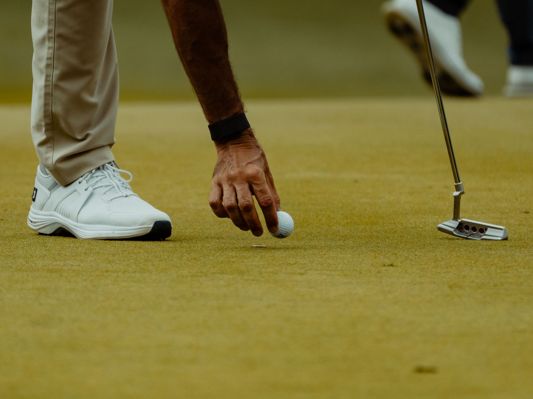 A golfer's hand placing a golf ball with a putter on the green.