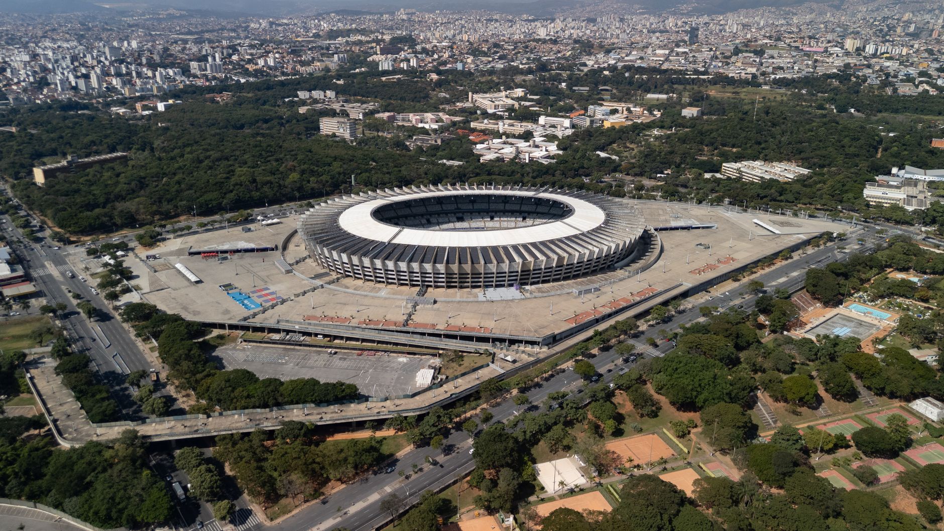 Stunning aerial shot of Mineirão Stadium in Belo Horizonte, showcasing the city's vibrant layout.