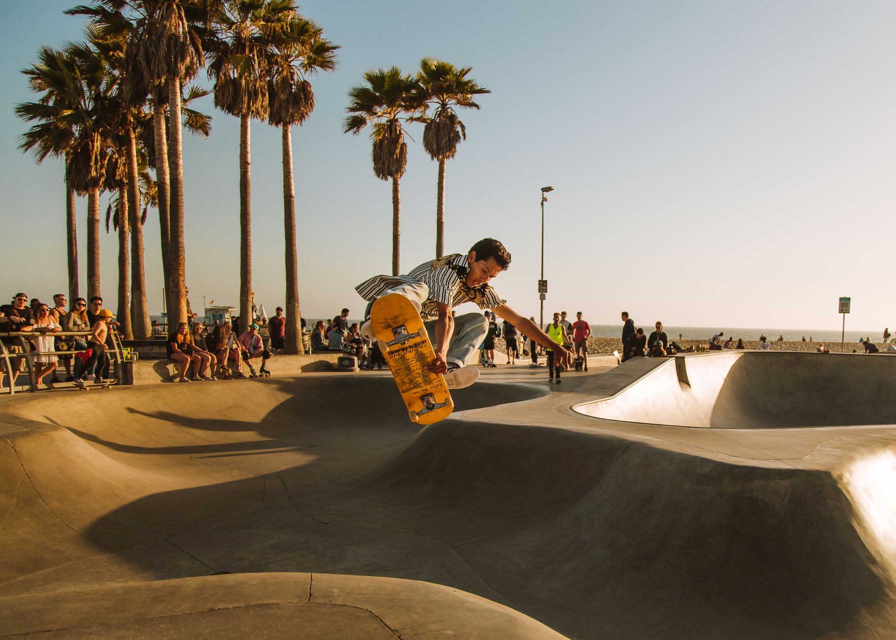 Captivating image of a skateboarder mid-air at a sunny Los Angeles skatepark.
