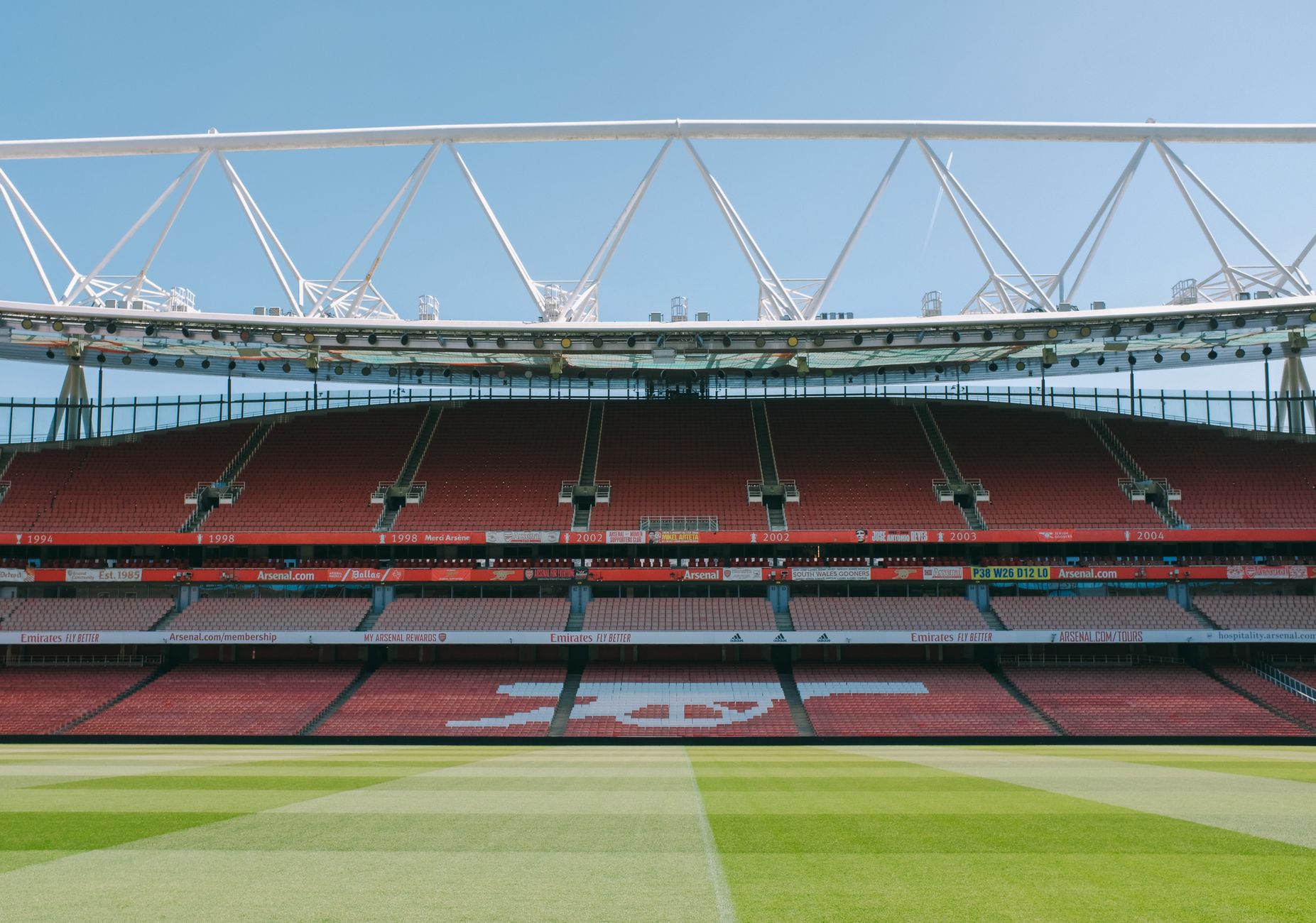 View of empty stands at Emirates Stadium, London, home of Arsenal FC.