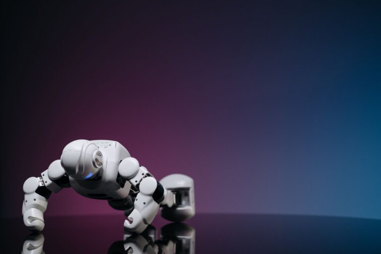White robot doing push-ups on reflective surface, futuristic concept.