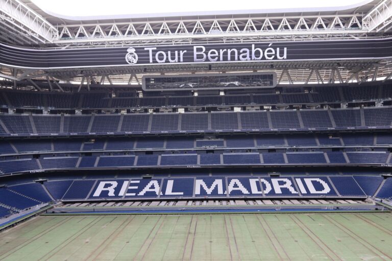 Discover the iconic Santiago Bernabéu Stadium, home of Real Madrid, in this panoramic shot.
