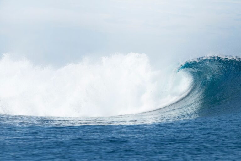 A stunning ocean wave crashing majestically, captured off the coast of Fiji, showcasing nature's beauty.