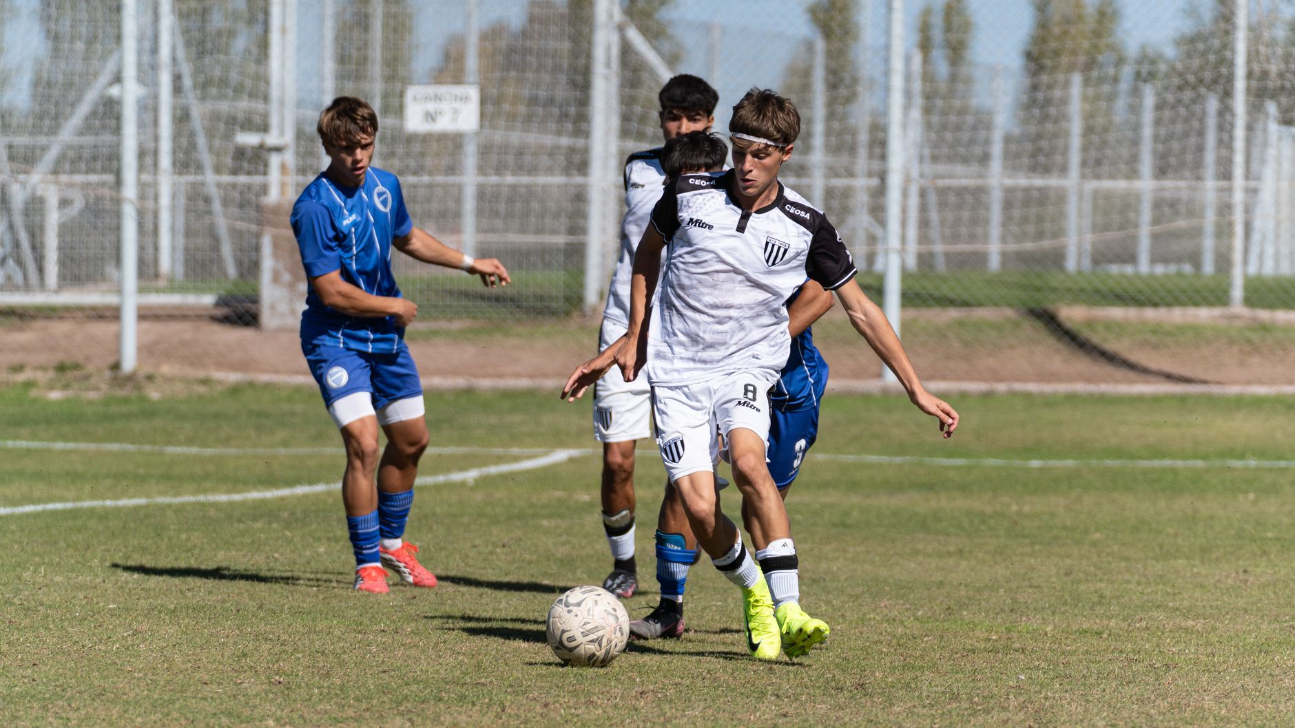 An action-packed youth soccer match with players competing for the ball on a sunny day.