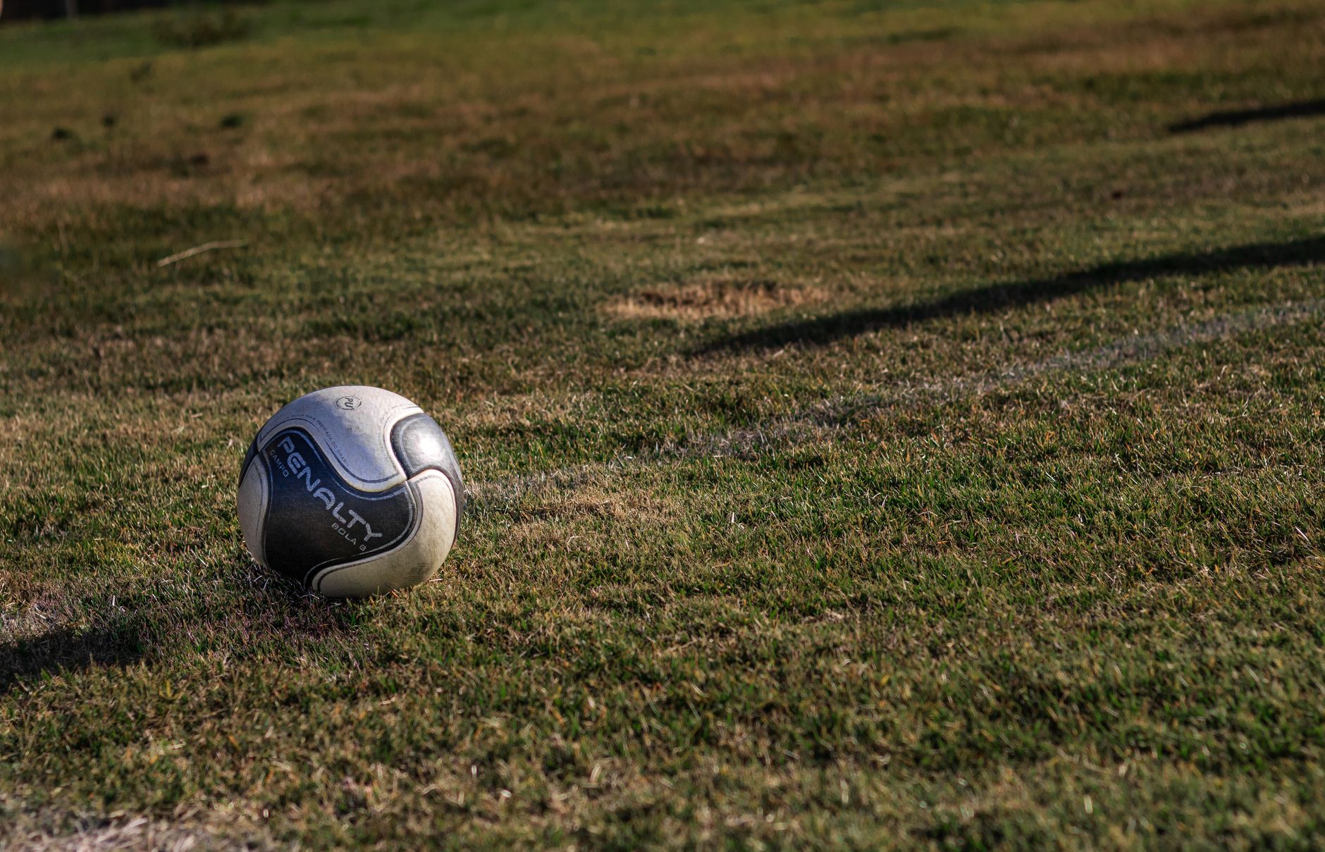 A lone soccer ball resting on a grassy field under sunlight.