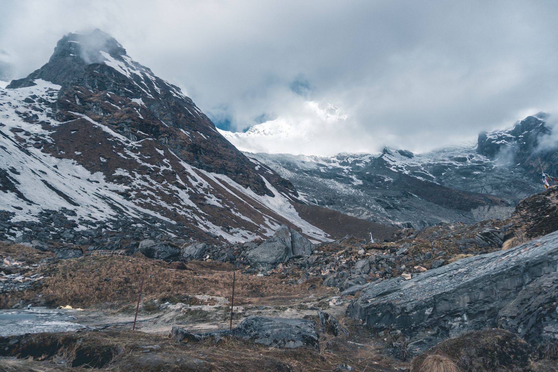 Breathtaking view of a snow-capped peak in the Himalayas, showcasing rugged natural beauty.