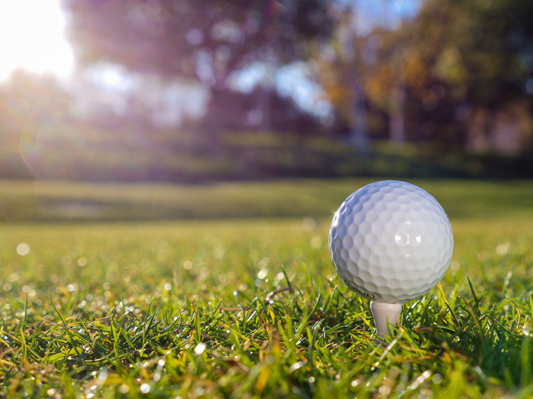 Golf ball on a tee ready for a sunny day of golfing on a lush green field.