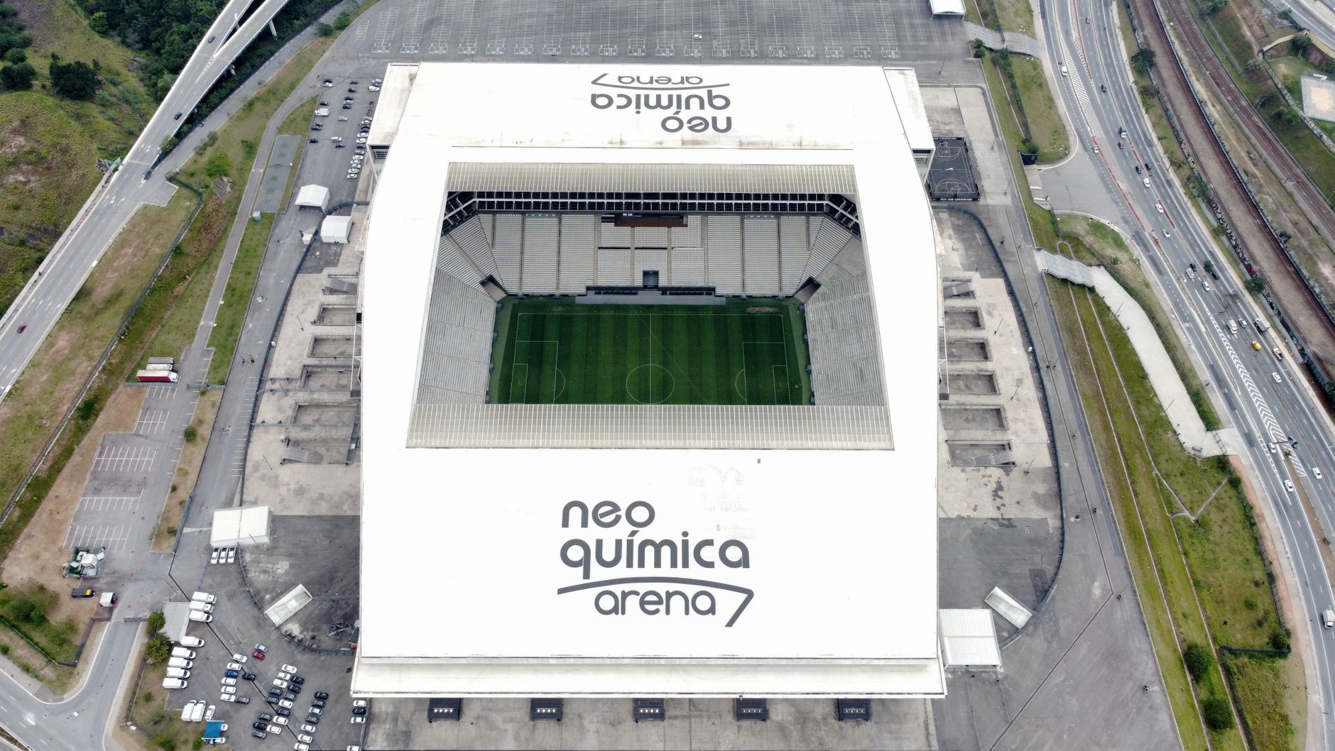 High angle aerial view of Neo Química Arena, a popular stadium in São Paulo, Brazil.