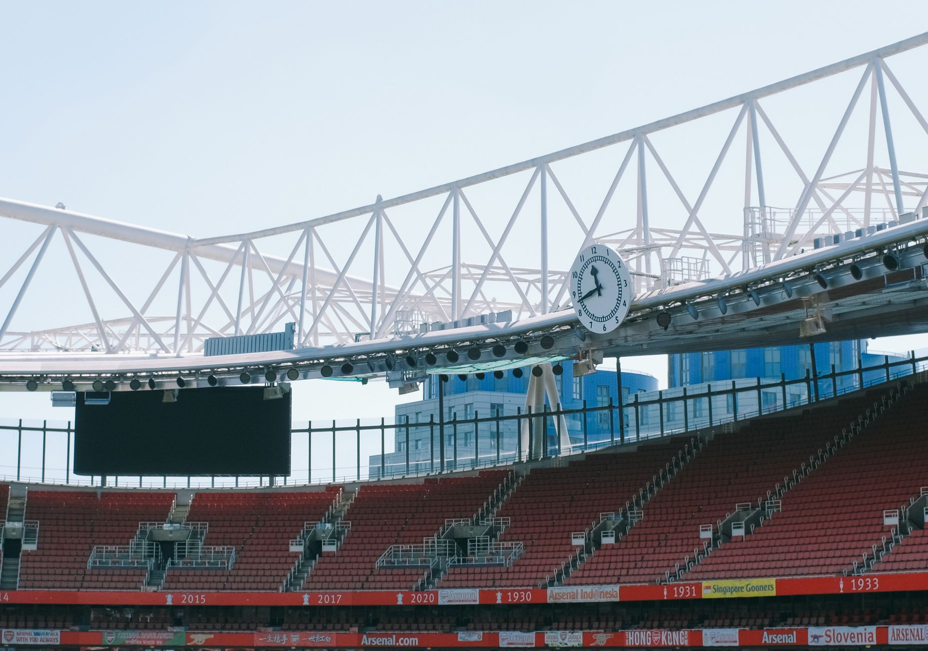 View of the empty seating area inside Emirates Stadium, London, UK.