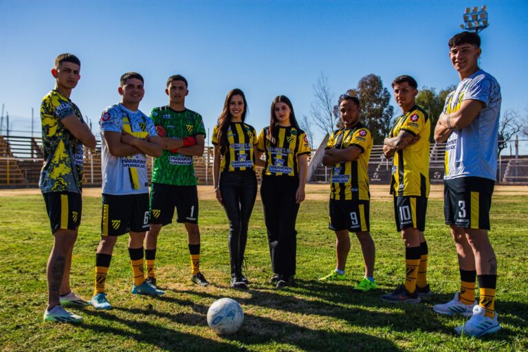 Seven athletes in football gear team photo on sunny field
